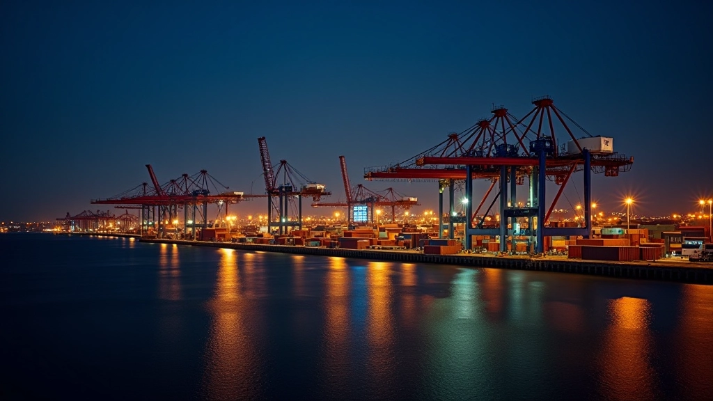 Hafen mit modernen Containerladekränen bei Nacht, beleuchtete Lagerflächen mit Hunderten von Containern