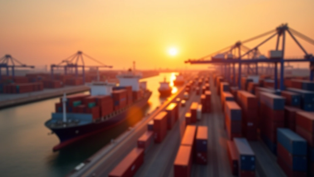 Containerhafen mit Frachtschiff und Containerbrücken bei Sonnenuntergang