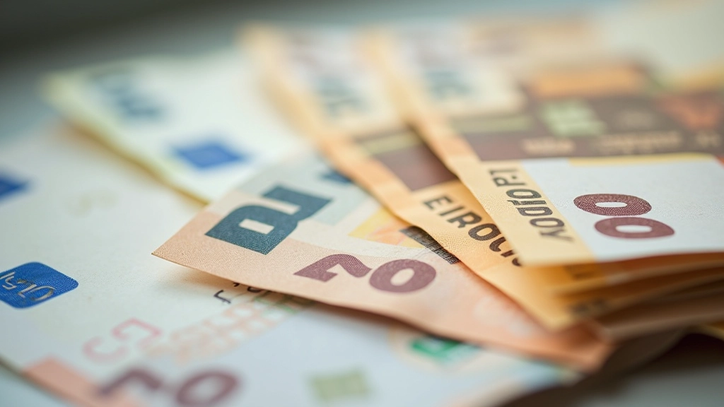Nahaufnahme von Banknotenstapeln in verschiedenen Euro-Denominationen mit glänzenden Oberflächen und Sicherheitsmerkmalen