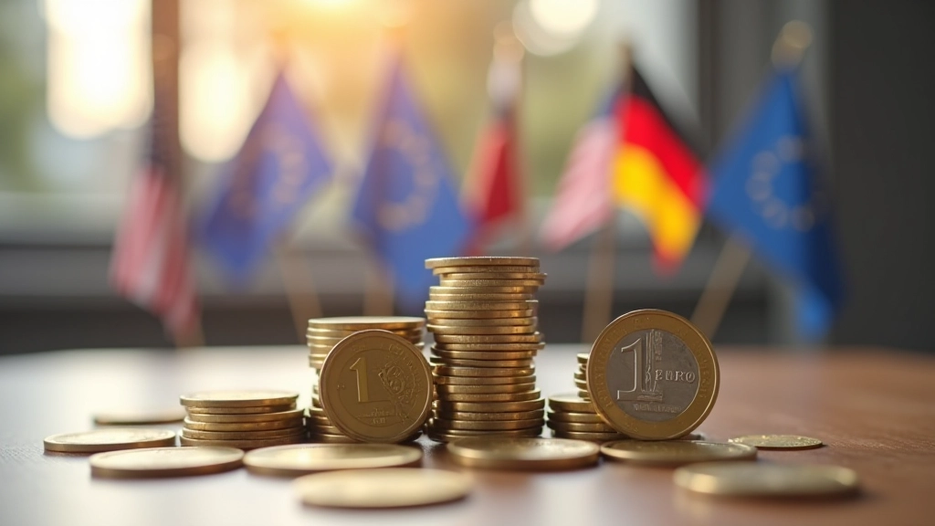 Europäische Flaggen und Euro-Münzen, symbolisierend die Eurozone-Integration