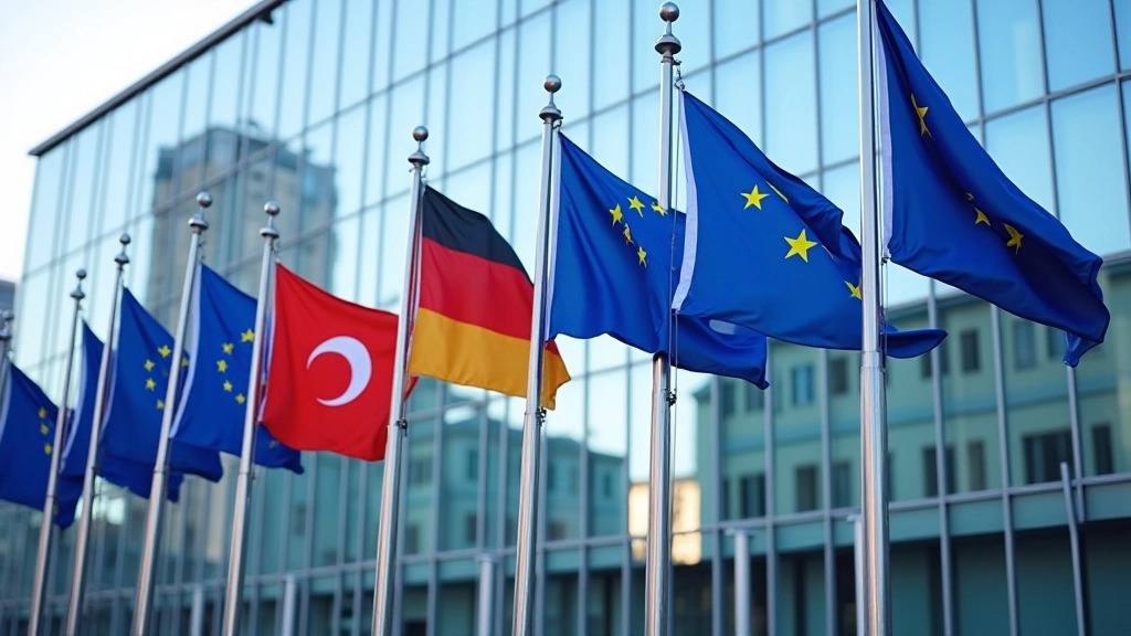 Europäische Flaggen vor modernem Finanzgebäude mit Glasfassade