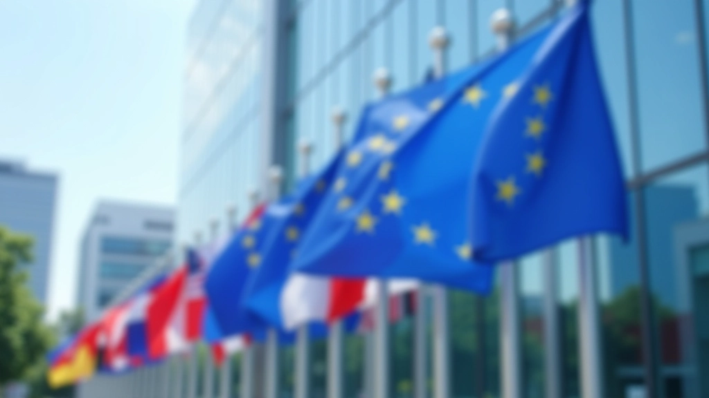 Europäische Flaggen vor modernem Finanzgebäude, symbolisiert europäische wirtschaftliche Integration