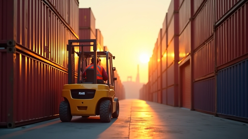 Logistikzentrum mit Containerlagern und Gabelstaplern bei Sonnenaufgang