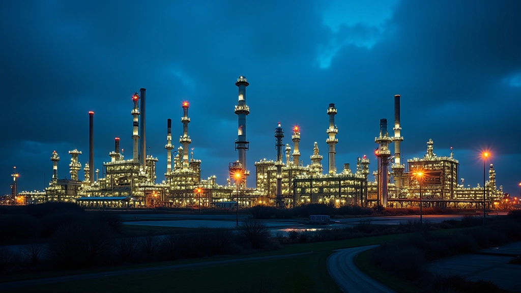 Energieversorger und Ölraffinerien bei Nacht mit Flammen und leuchtenden Rohren vor dunklem Himmel