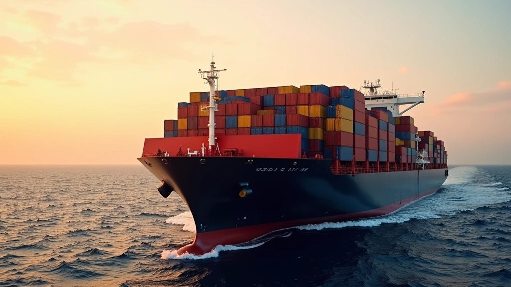 Frachtschiff mit Containerladung auf offener See bei Sonnenuntergang, globale Handelswege