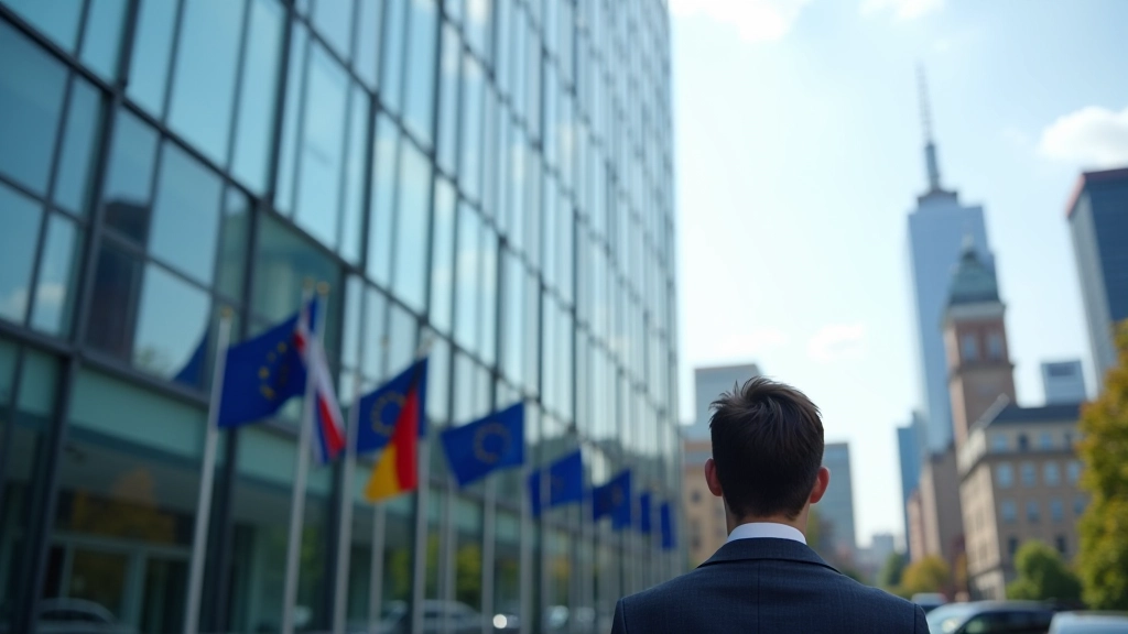 Europäische Zentralbank Gebäude in Frankfurt mit moderner Architektur und Flaggen