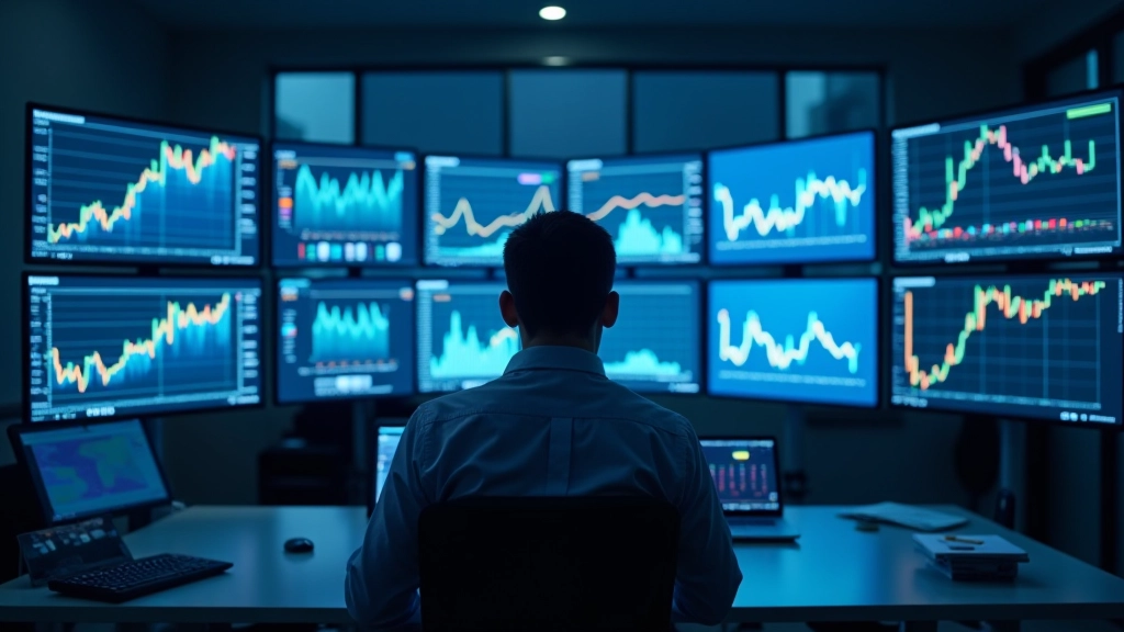 Moderne Finanzanalysezentrale mit Bildschirmen und Datenvisualisierungen