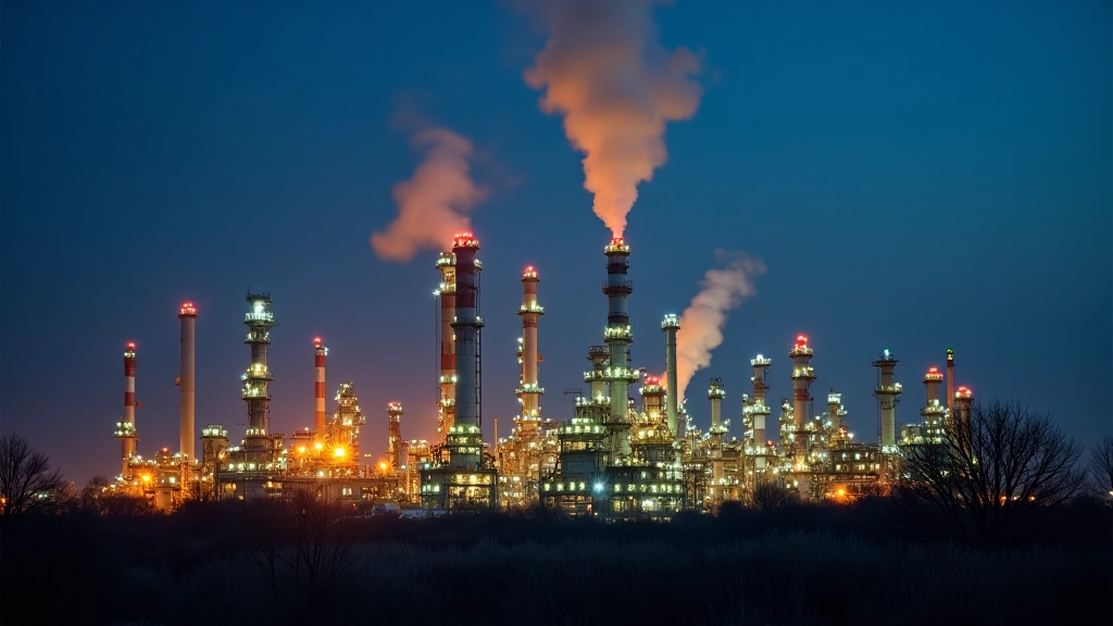 Rohölraffinerie bei Nacht mit leuchtenden Anlagen und Dampf